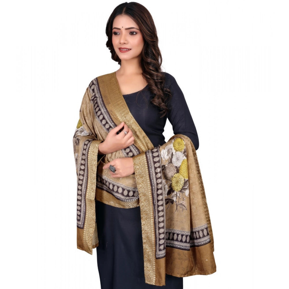 Women's chanderi silk  Printed Shawl (Beige, Length: 2 Mtr)