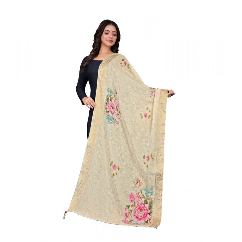 Women's chanderi silk  Printed Shawl (Beige, Length: 2 Mtr)