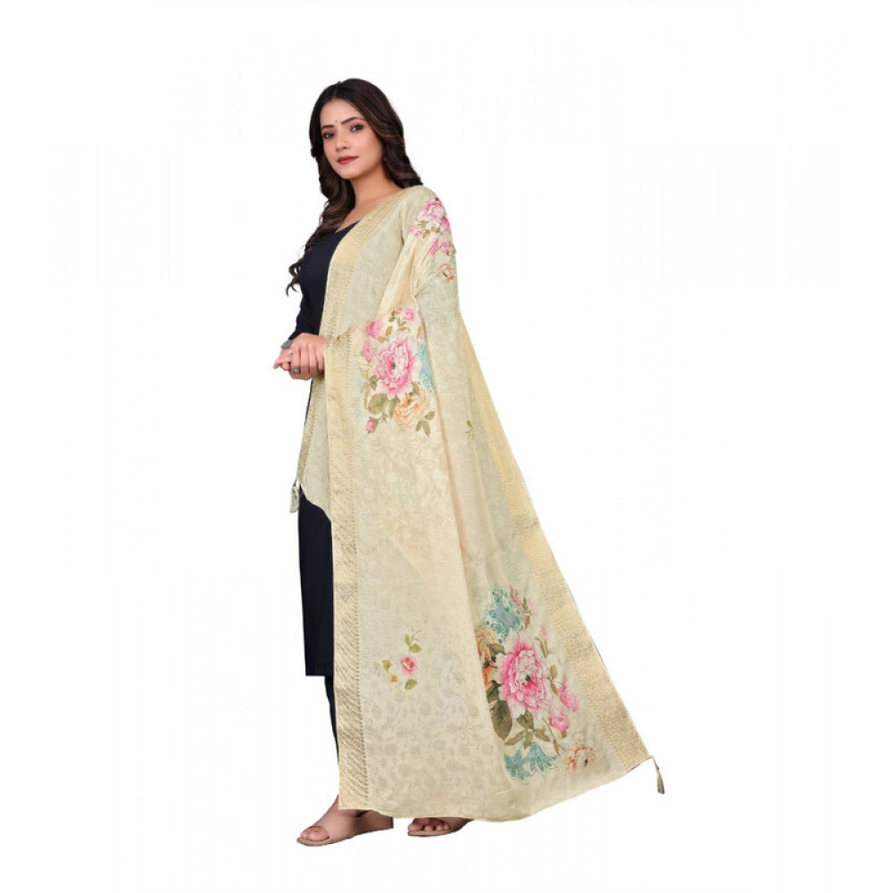 Women's chanderi silk  Printed Shawl (Beige, Length: 2 Mtr)
