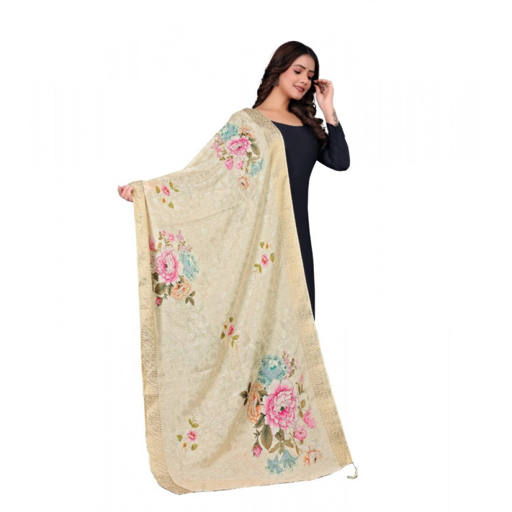Women's chanderi silk  Printed Shawl (Beige, Length: 2 Mtr)