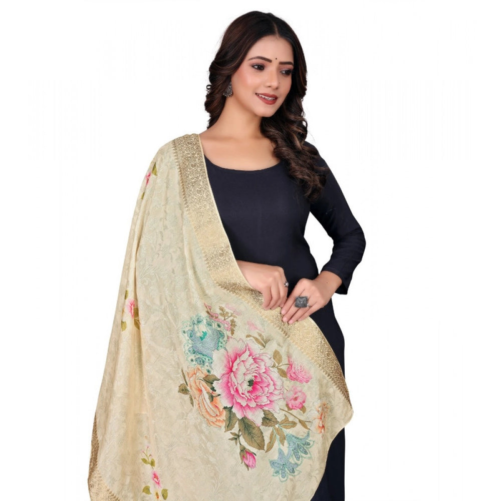 Women's chanderi silk  Printed Shawl (Beige, Length: 2 Mtr)