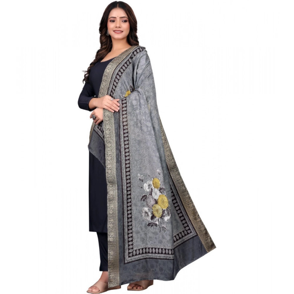 Women's chanderi silk  Printed Shawl (Gray, Length: 2 Mtr)