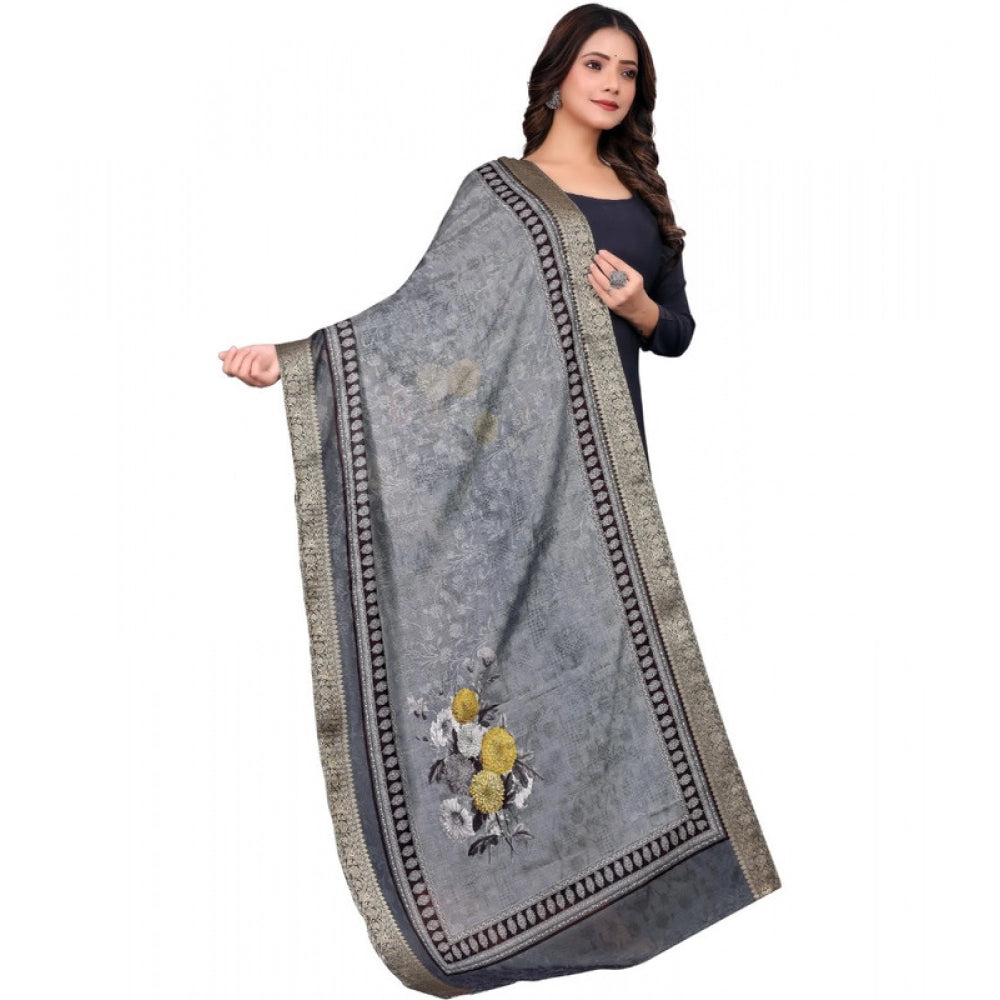 Women's chanderi silk  Printed Shawl (Gray, Length: 2 Mtr)