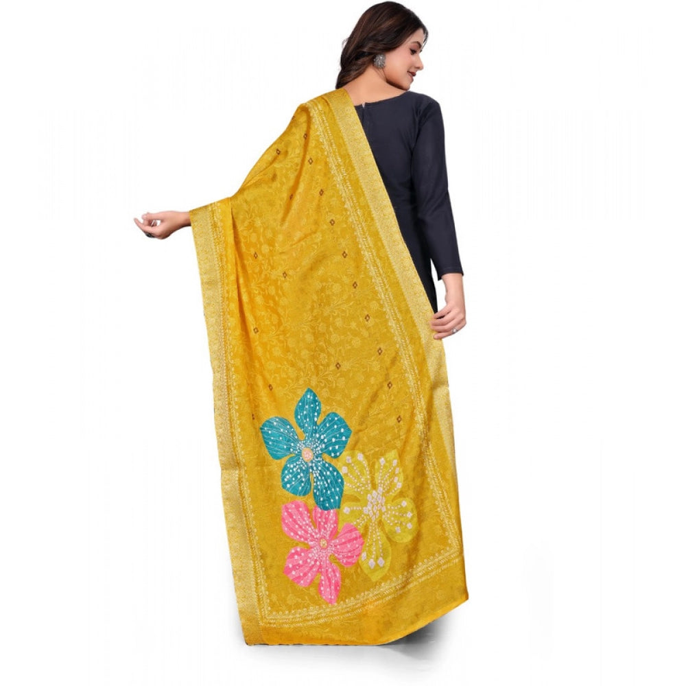 Women's chanderi silk  Printed Shawl (Yellow, Length: 2 Mtr)