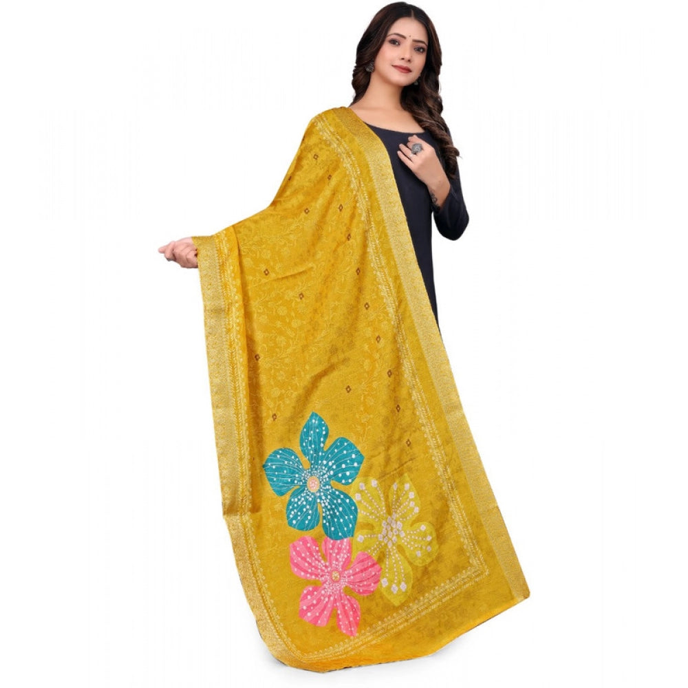 Women's chanderi silk  Printed Shawl (Yellow, Length: 2 Mtr)