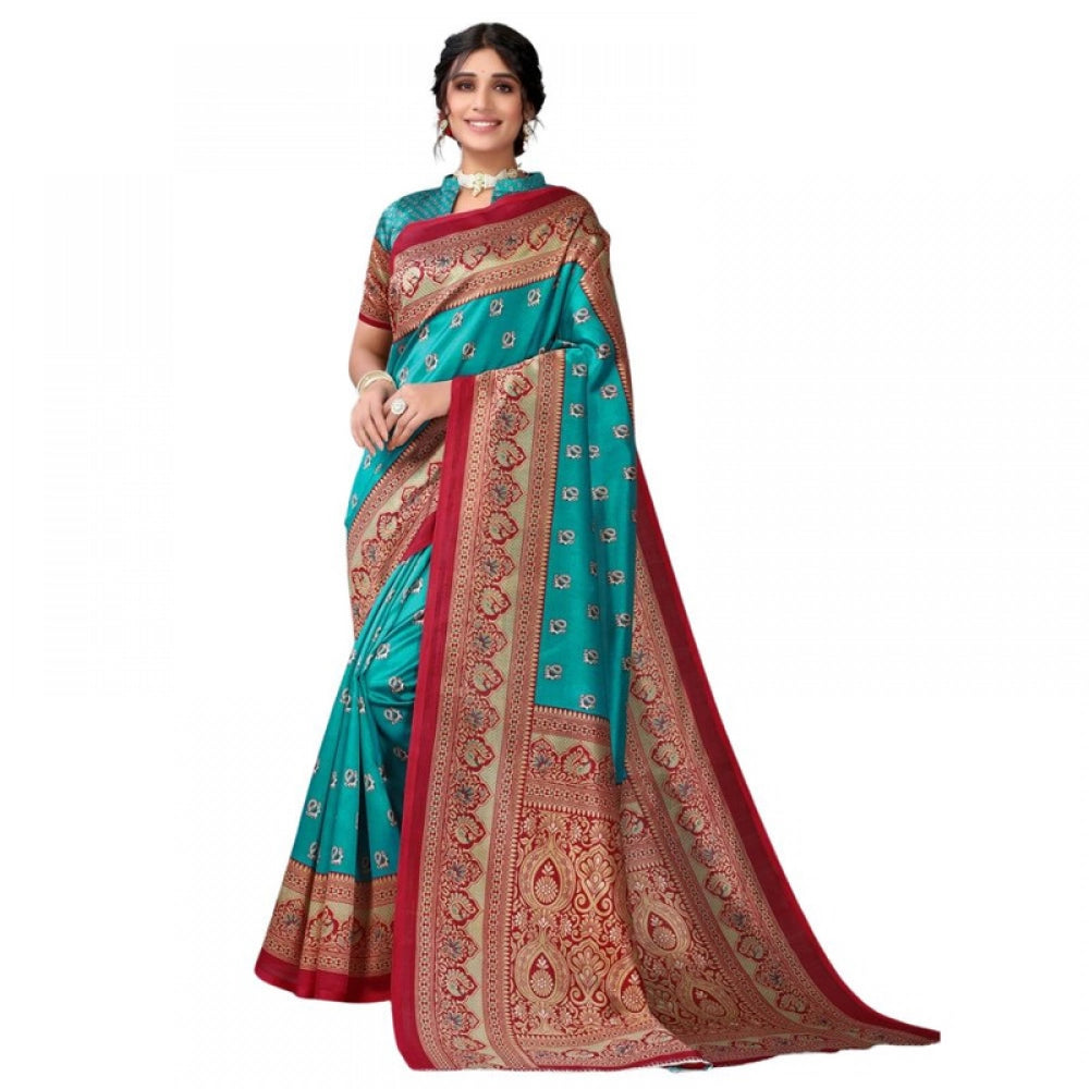 Women's Litchi silk Printed Saree With Unstitched Blouse  5-6 Mtrs (Turquoise Blue)