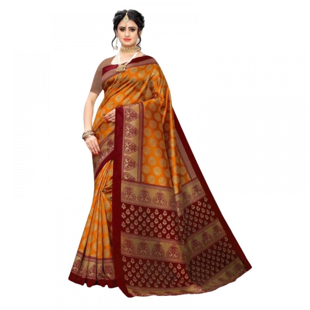 Women's Litchi silk Printed Saree With Unstitched Blouse  5-6 Mtrs (Mustard Yellow)