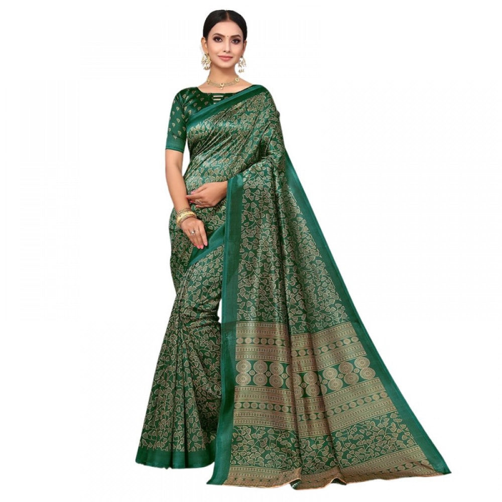 Women's Litchi silk Printed Saree With Unstitched Blouse  5-6 Mtrs (Green)