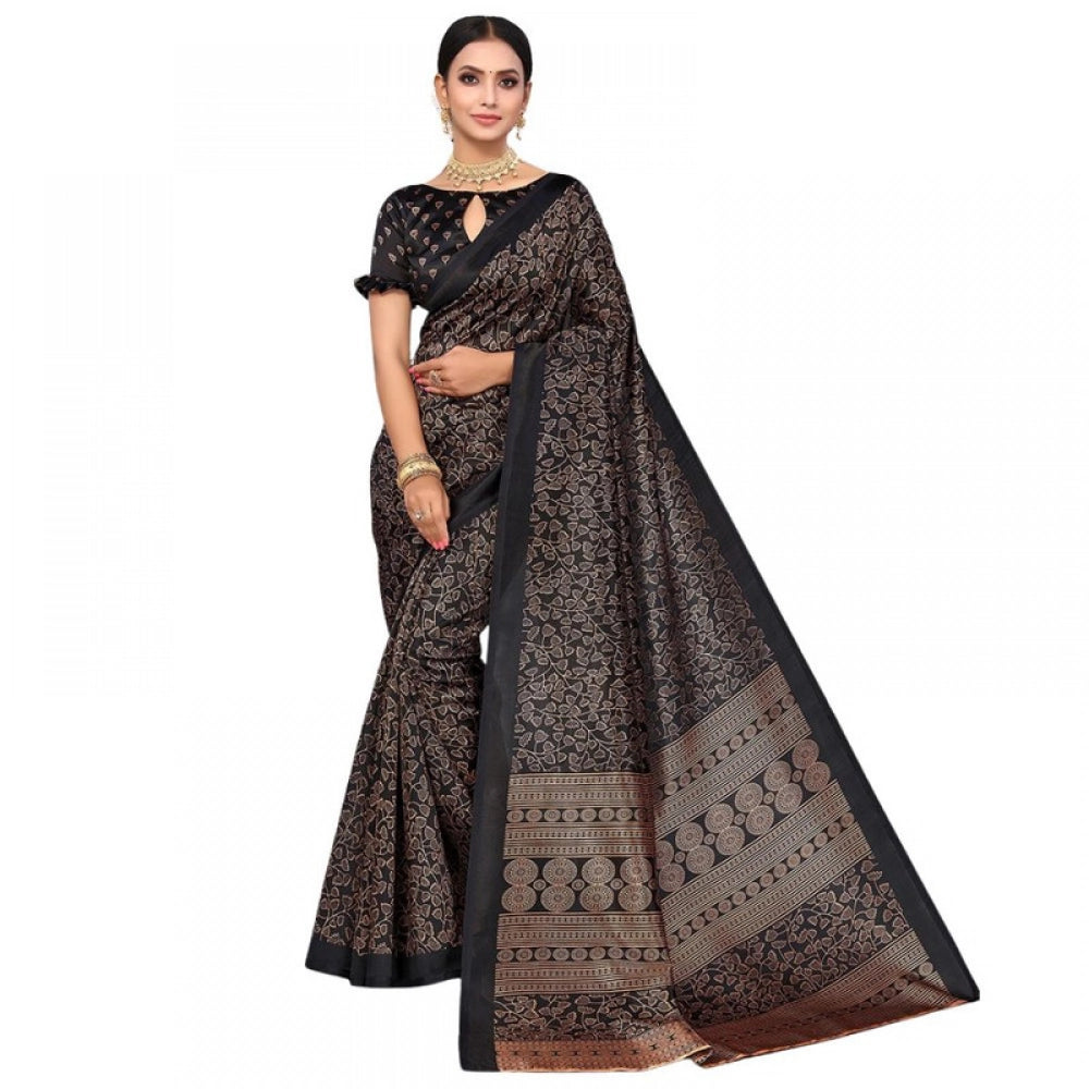 Women's Litchi silk Printed Saree With Unstitched Blouse  5-6 Mtrs (Black)