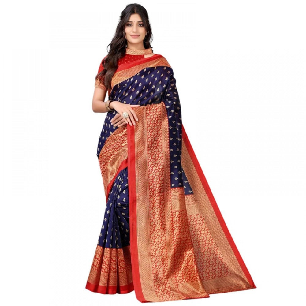 Women's Litchi silk Printed Saree With Unstitched Blouse  5-6 Mtrs (Navy Blue)