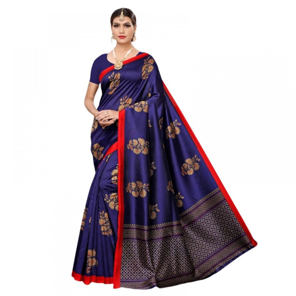 Women's Litchi silk Printed Saree With Unstitched Blouse  5-6 Mtrs (Navy Blue)