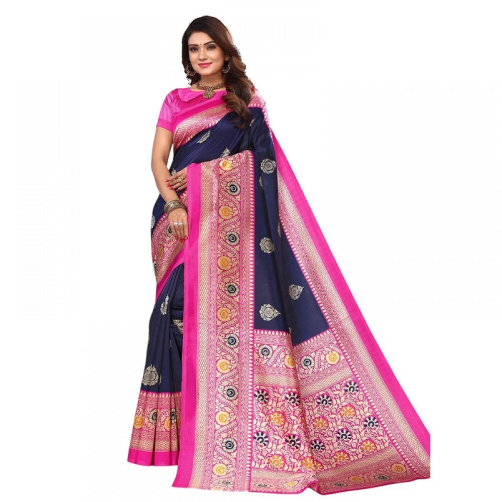 Women's Litchi silk Printed Saree With Unstitched Blouse  5-6 Mtrs (Navy Blue)