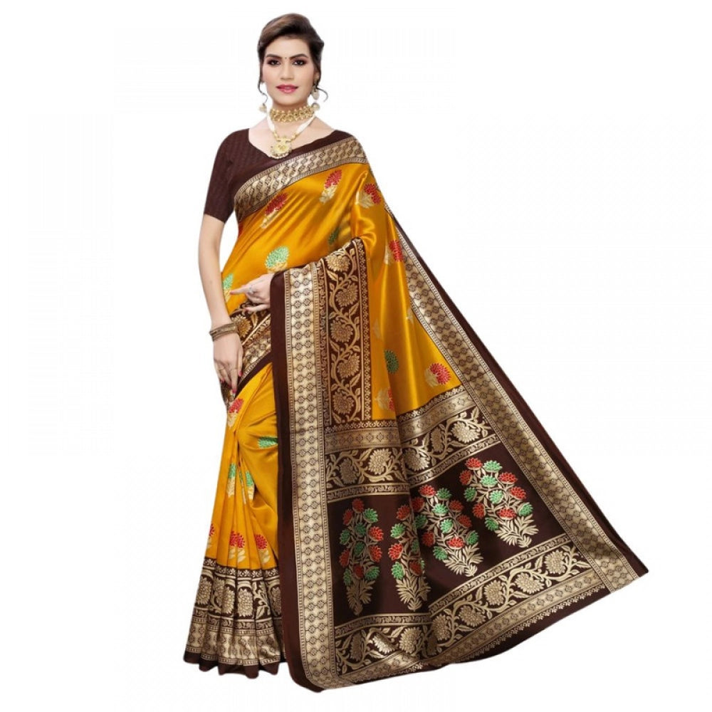 Women's Litchi silk Printed Saree With Unstitched Blouse  5-6 Mtrs (Mustard Yellow)