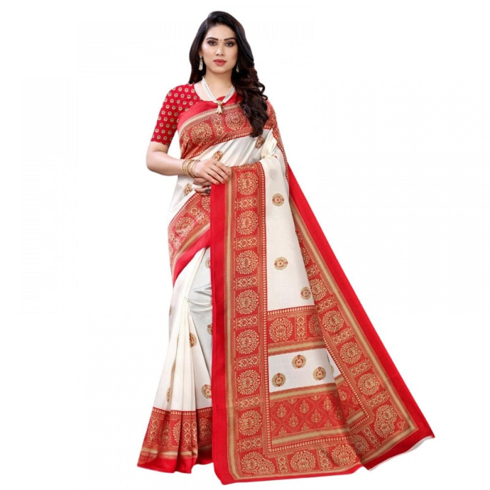 Women's Litchi silk Printed Saree With Unstitched Blouse  5-6 Mtrs (Red)