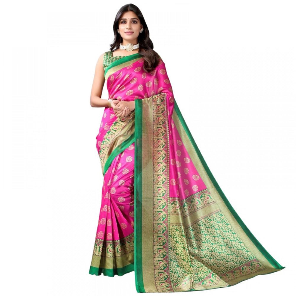 Women's Litchi silk Printed Saree With Unstitched Blouse  5-6 Mtrs (Pink)