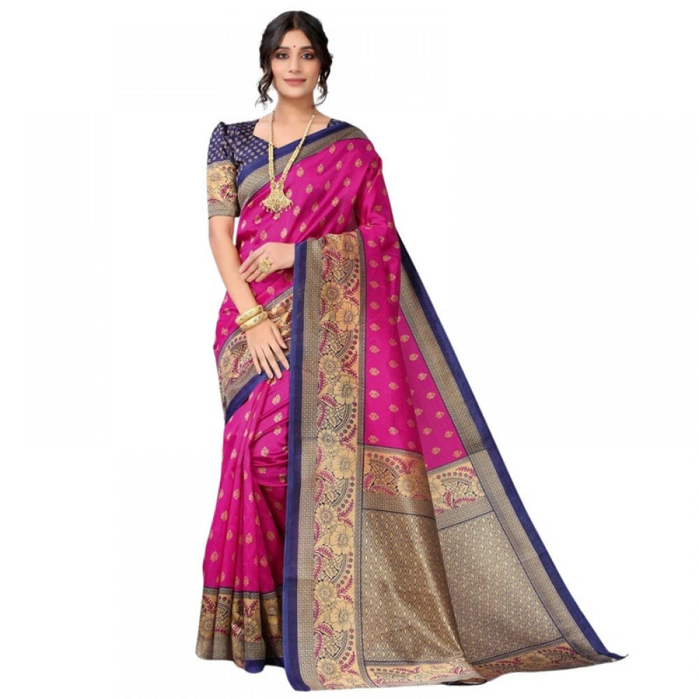 Women's Litchi silk Printed Saree With Unstitched Blouse  5-6 Mtrs (Pink)