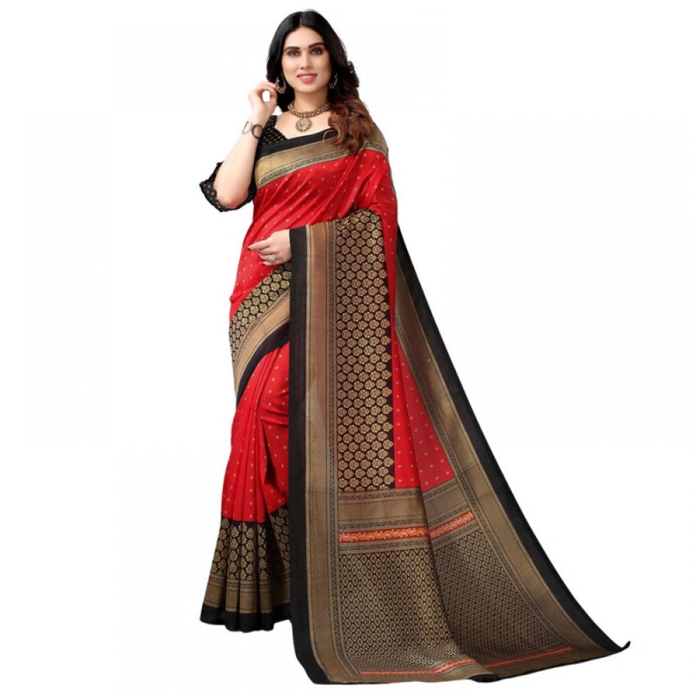Women's Litchi silk Printed Saree With Unstitched Blouse  5-6 Mtrs (Red)