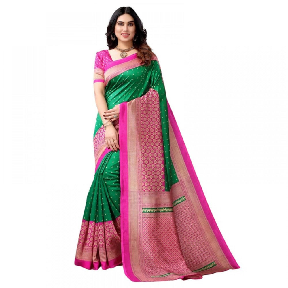 Women's Litchi silk Printed Saree With Unstitched Blouse  5-6 Mtrs (Green)
