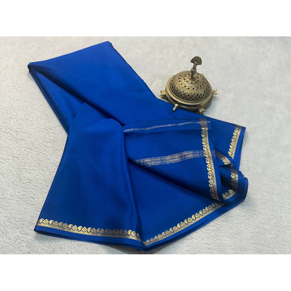 Women's Crepe Chit Pallu Solid Saree With Unstitched Blouse 5.5Mtr (Blue)