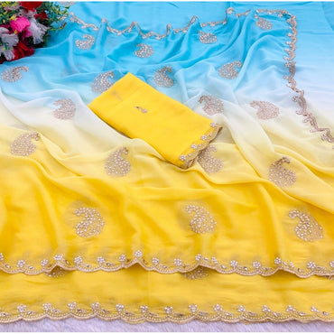 Women's Digital Printed  Geogette Saree With Unstitched Blouse (Yellow, 5-6 Mtrs)