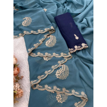 Women's Digital Printed  Georgette Saree With Unstitched Blouse (Sky, 5-6 Mtrs)