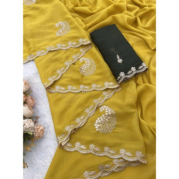Women's Digital Printed  Georgette Saree With Unstitched Blouse (Yellow, 5-6 Mtrs)