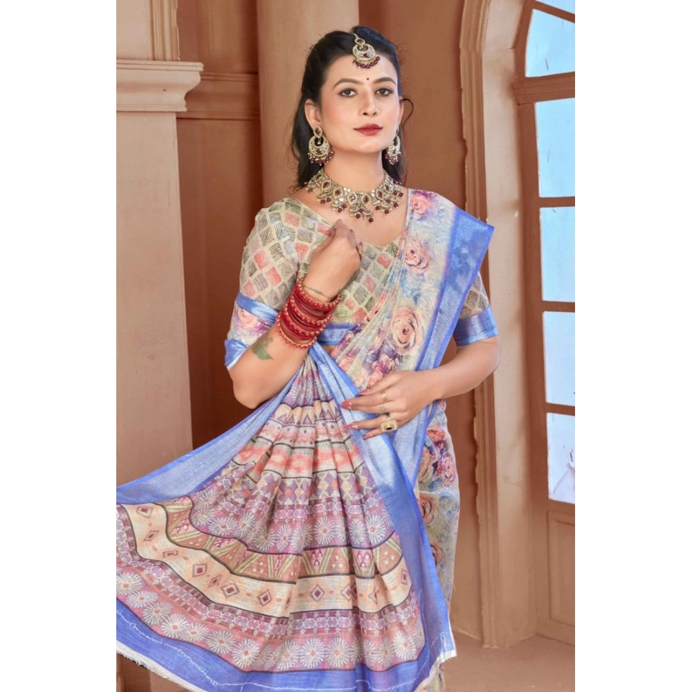 Women's Printed Cotton Linen Saree withPrinted  Saree With Unstitched Blouse (Beige, 5-6Mtrs)