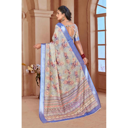 Women's Printed Cotton Linen Saree withPrinted  Saree With Unstitched Blouse (Beige, 5-6Mtrs)