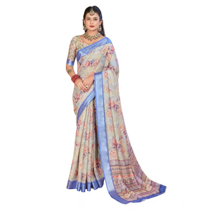 Women's Printed Cotton Linen Saree withPrinted  Saree With Unstitched Blouse (Beige, 5-6Mtrs)