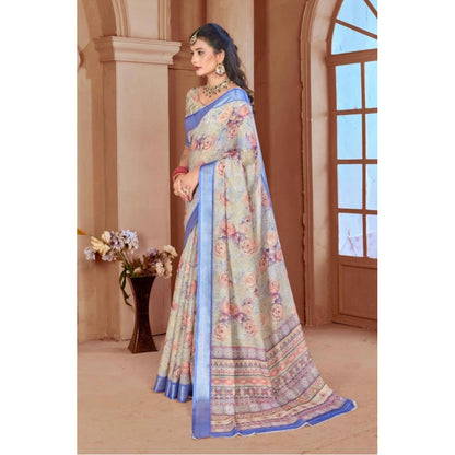 Women's Printed Cotton Linen Saree withPrinted  Saree With Unstitched Blouse (Beige, 5-6Mtrs)