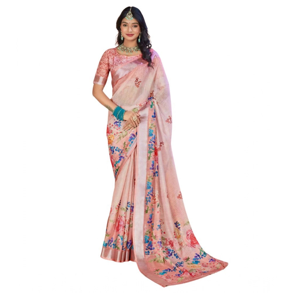 Women's Printed Cotton Linen Saree withPrinted  Saree With Unstitched Blouse (Pink , 5-6Mtrs)