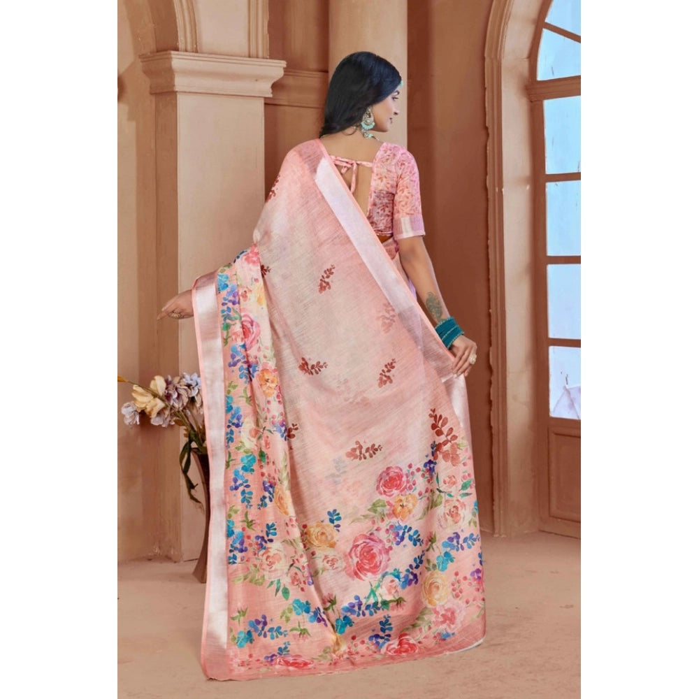 Women's Printed Cotton Linen Saree withPrinted  Saree With Unstitched Blouse (Pink , 5-6Mtrs)