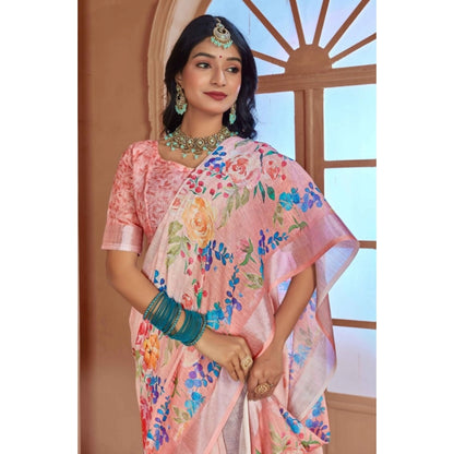 Women's Printed Cotton Linen Saree withPrinted  Saree With Unstitched Blouse (Pink , 5-6Mtrs)