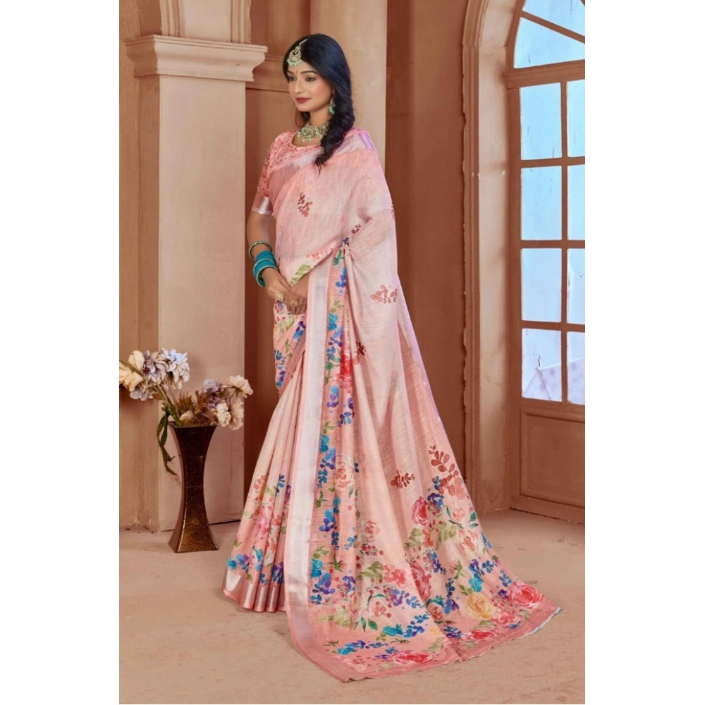 Women's Printed Cotton Linen Saree withPrinted  Saree With Unstitched Blouse (Pink , 5-6Mtrs)