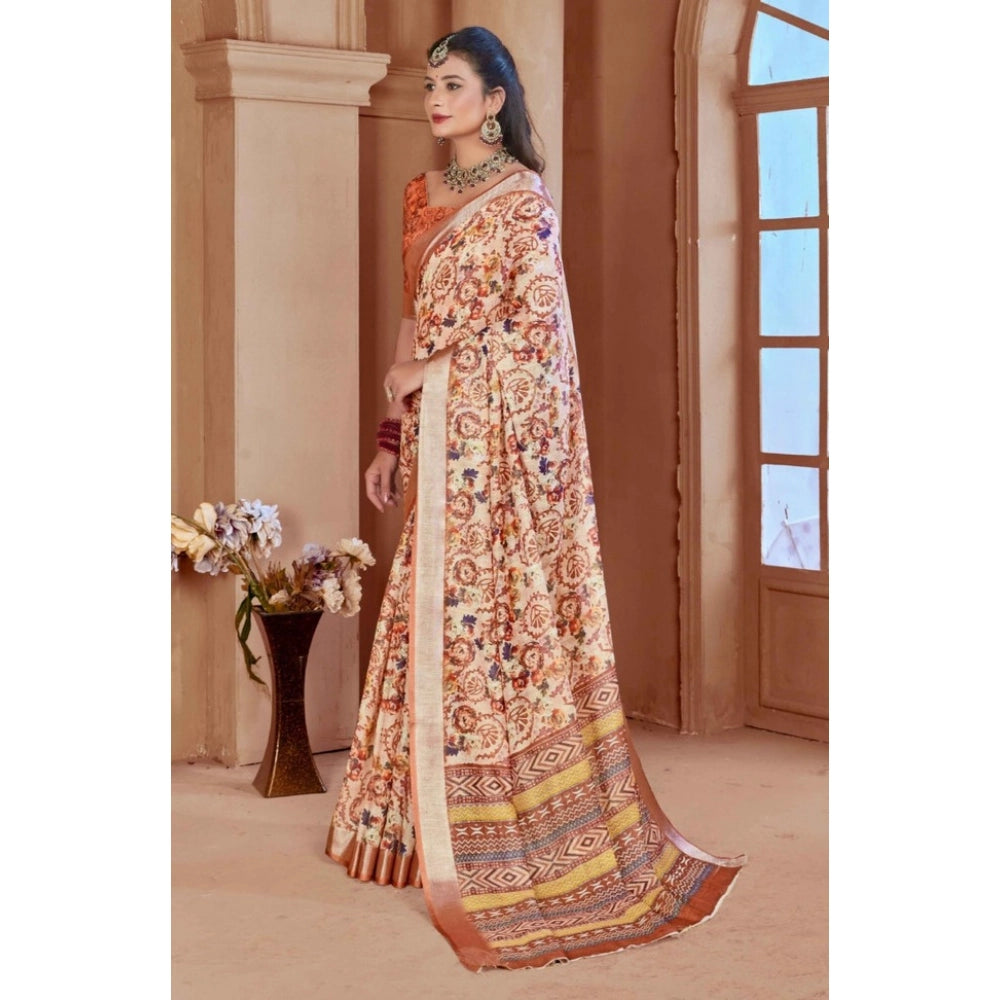 Women's Printed Cotton Linen Saree withPrinted  Saree With Unstitched Blouse (Orange , 5-6Mtrs)