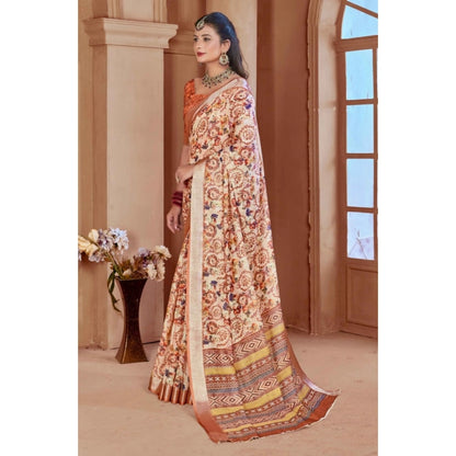 Women's Printed Cotton Linen Saree withPrinted  Saree With Unstitched Blouse (Orange , 5-6Mtrs)