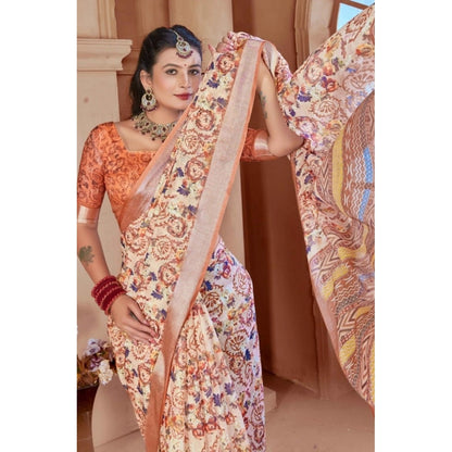 Women's Printed Cotton Linen Saree withPrinted  Saree With Unstitched Blouse (Orange , 5-6Mtrs)