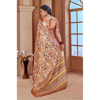 Women's Printed Cotton Linen Saree withPrinted  Saree With Unstitched Blouse (Orange , 5-6Mtrs)