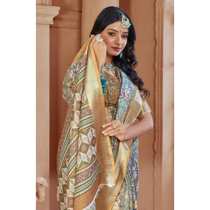 Women's Printed Cotton Linen Saree withPrinted  Saree With Unstitched Blouse (Green, 5-6Mtrs)