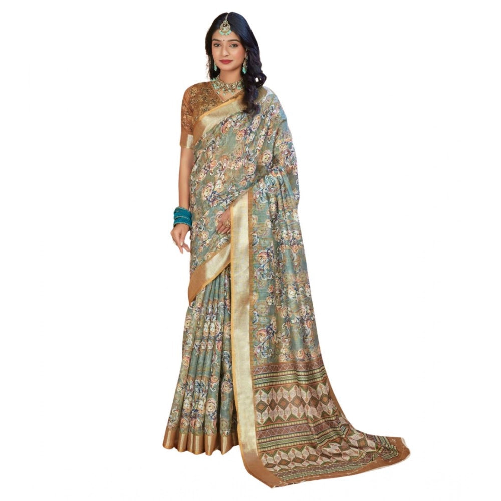 Women's Printed Cotton Linen Saree withPrinted  Saree With Unstitched Blouse (Green, 5-6Mtrs)