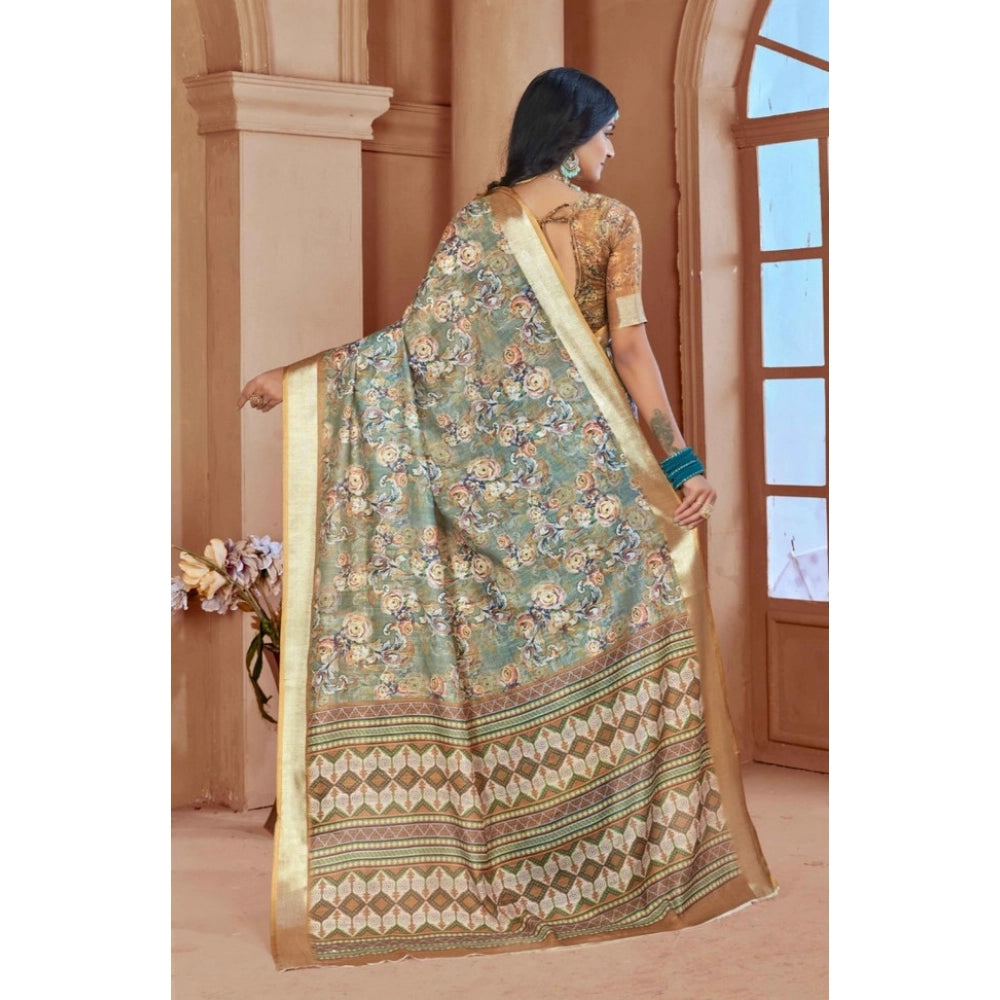 Women's Printed Cotton Linen Saree withPrinted  Saree With Unstitched Blouse (Green, 5-6Mtrs)