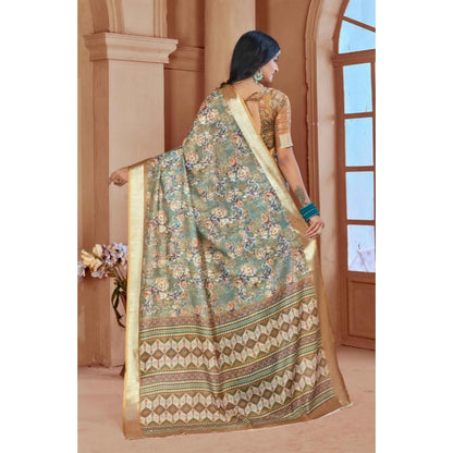 Women's Printed Cotton Linen Saree withPrinted  Saree With Unstitched Blouse (Green, 5-6Mtrs)