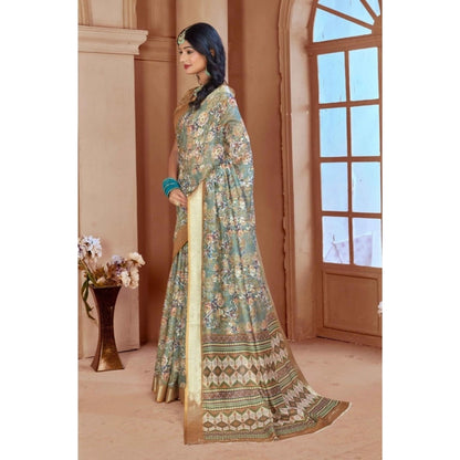 Women's Printed Cotton Linen Saree withPrinted  Saree With Unstitched Blouse (Green, 5-6Mtrs)