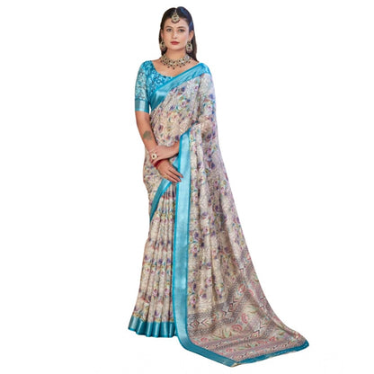 Women's Printed Cotton Linen Saree withPrinted  Saree With Unstitched Blouse (Rust  , 5-6Mtrs)