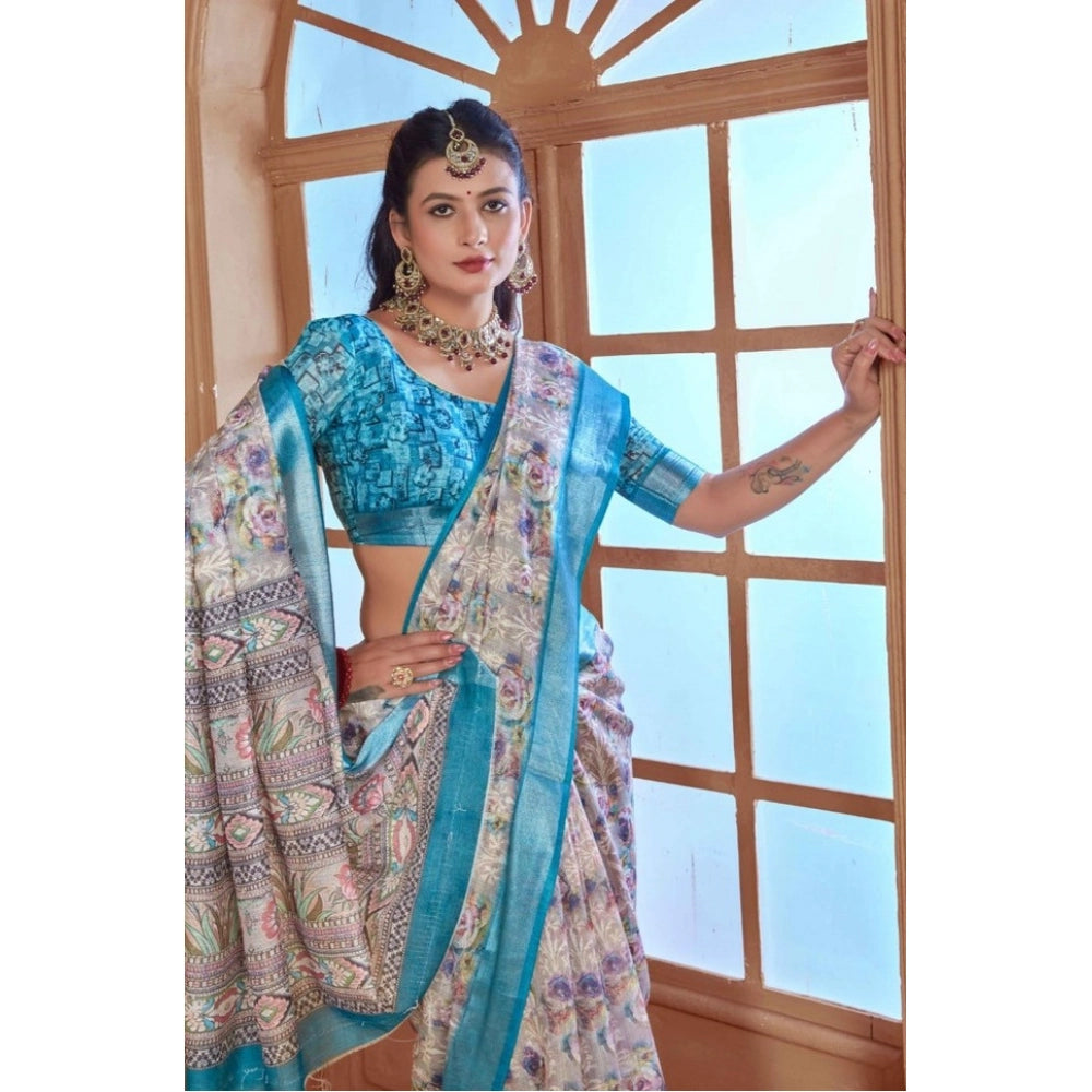 Women's Printed Cotton Linen Saree withPrinted  Saree With Unstitched Blouse (Rust  , 5-6Mtrs)