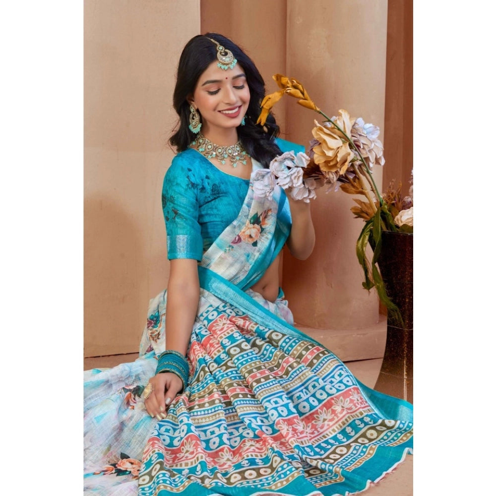 Women's Printed Cotton Linen Saree withPrinted  Saree With Unstitched Blouse (Blue, 5-6Mtrs)