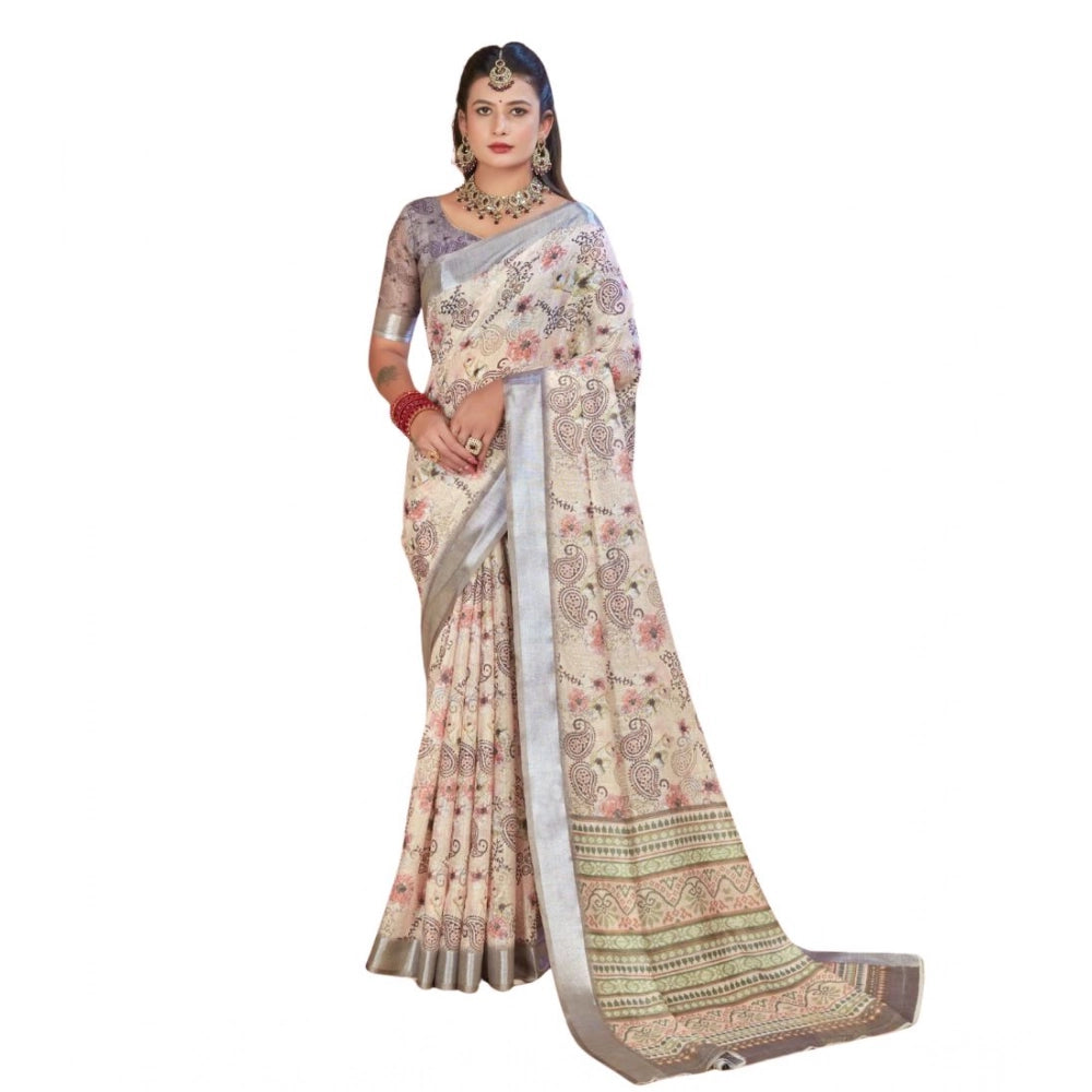 Women's Printed Cotton Linen Saree withPrinted  Saree With Unstitched Blouse (Beige, 5-6Mtrs)