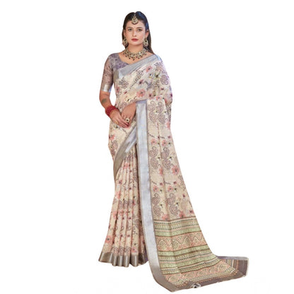 Women's Printed Cotton Linen Saree withPrinted  Saree With Unstitched Blouse (Beige, 5-6Mtrs)