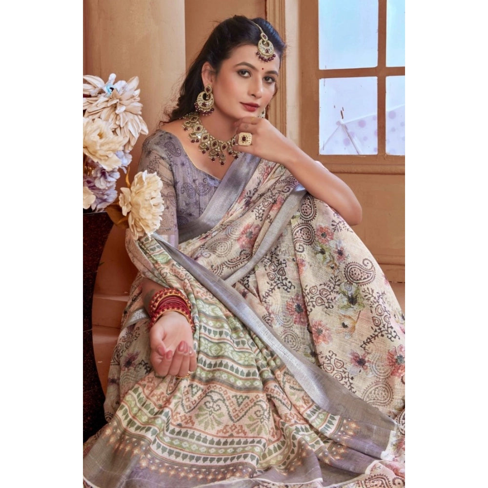 Women's Printed Cotton Linen Saree withPrinted  Saree With Unstitched Blouse (Beige, 5-6Mtrs)