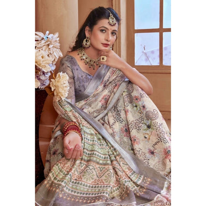 Women's Printed Cotton Linen Saree withPrinted  Saree With Unstitched Blouse (Beige, 5-6Mtrs)